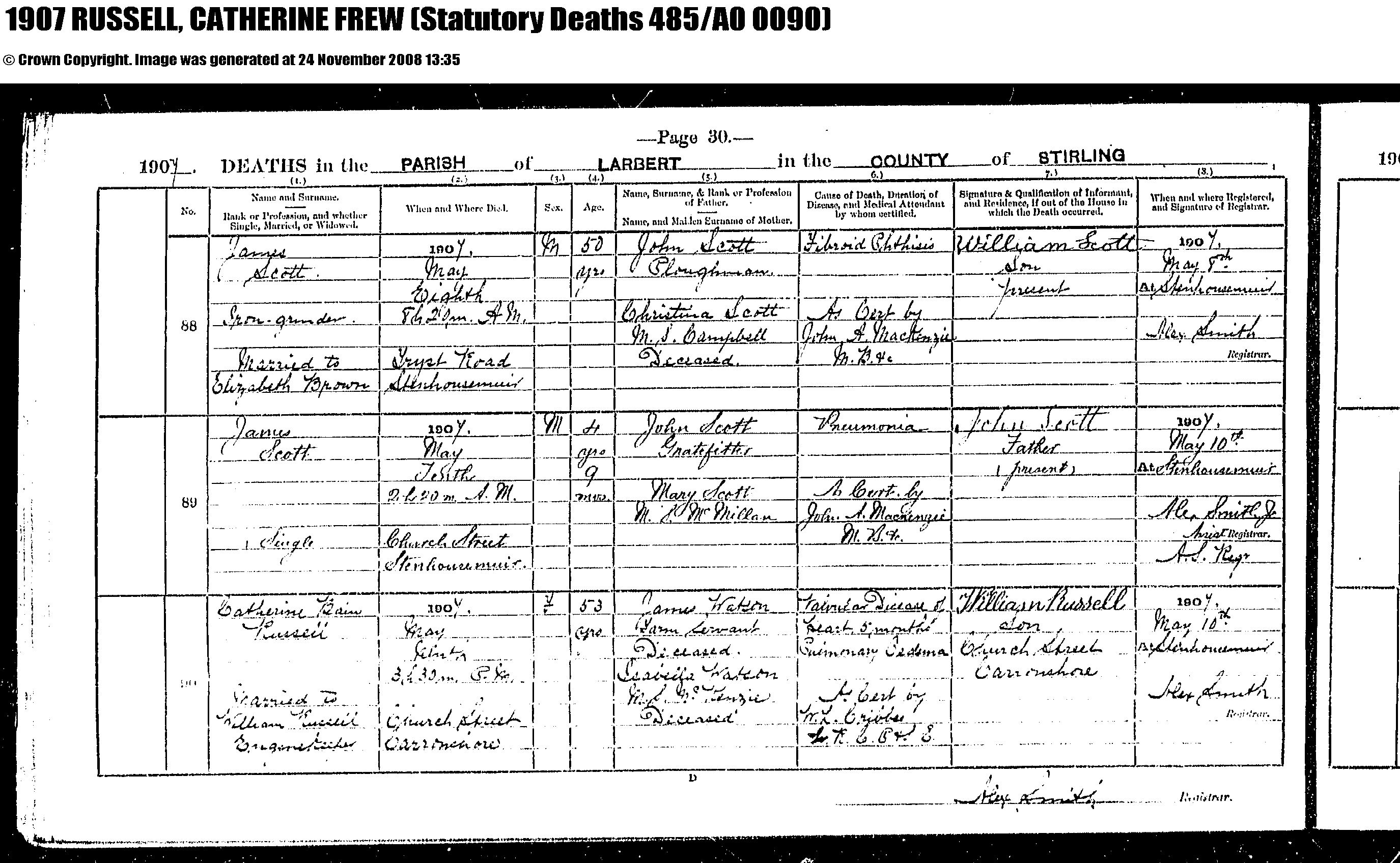 Death Certificate 1907 Catherine Bain RUSSELL, May 9, 1907, Linked To: <a href='i932.html' >Catherine Bain Watson</a>
